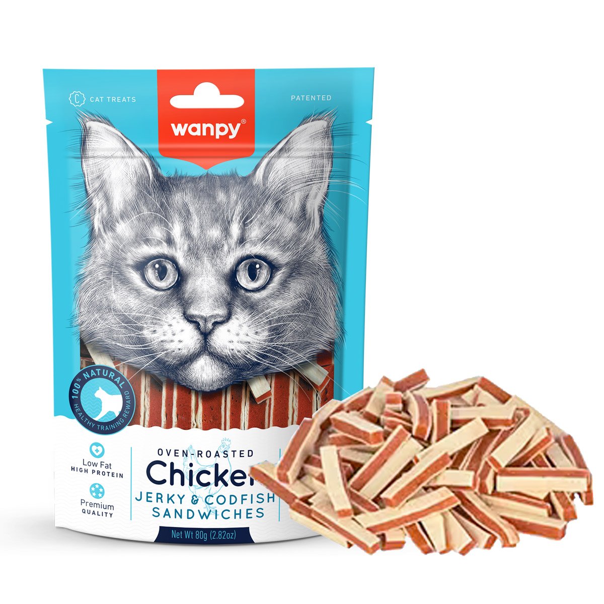 Wanpy-Chicken-Jerky-Codfish-Sandwiches.jpg Wanpy Chicken Jerky and Codfish Sandwiches for Cats 80g - Image 1
